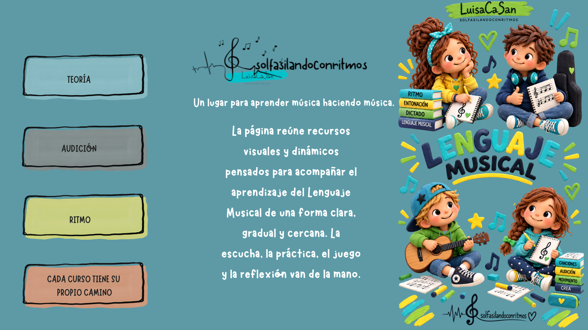 Diseño de LuisaCaSan: logotipos, niños de plastilina y botones de Teoría, Audición y Ritmo.