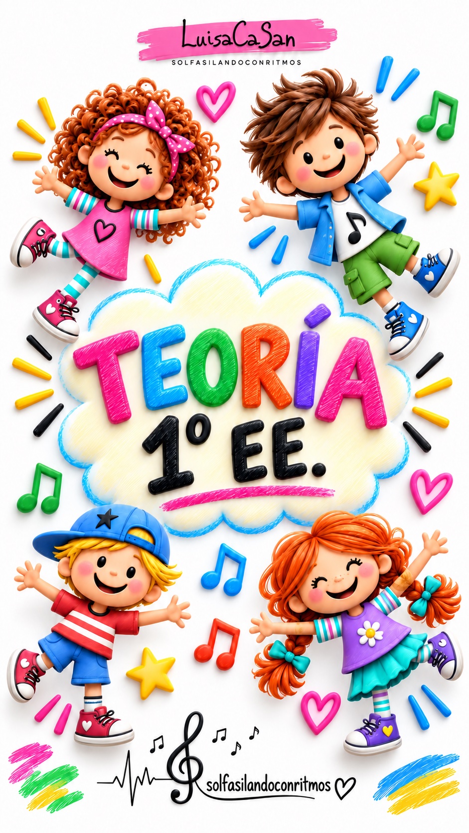 Portada ilustrada de Teoría 1º EE, con niños y notas de colores