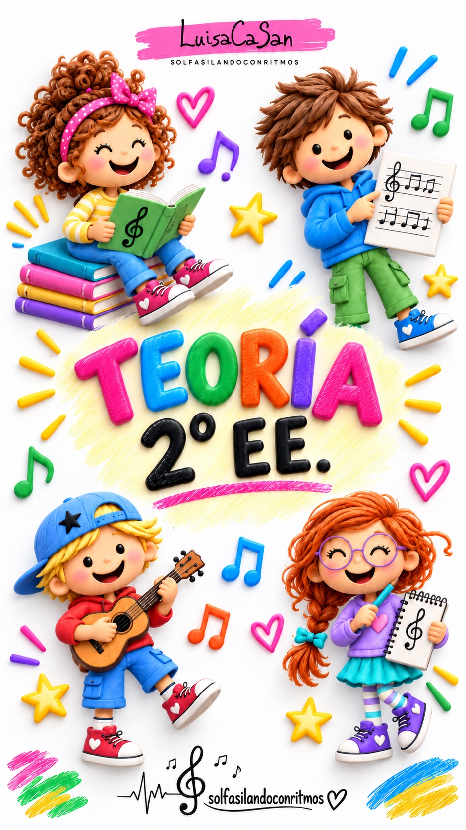 Portada ilustrada de Teoría 2º EE, con instrumentos y cuadernos