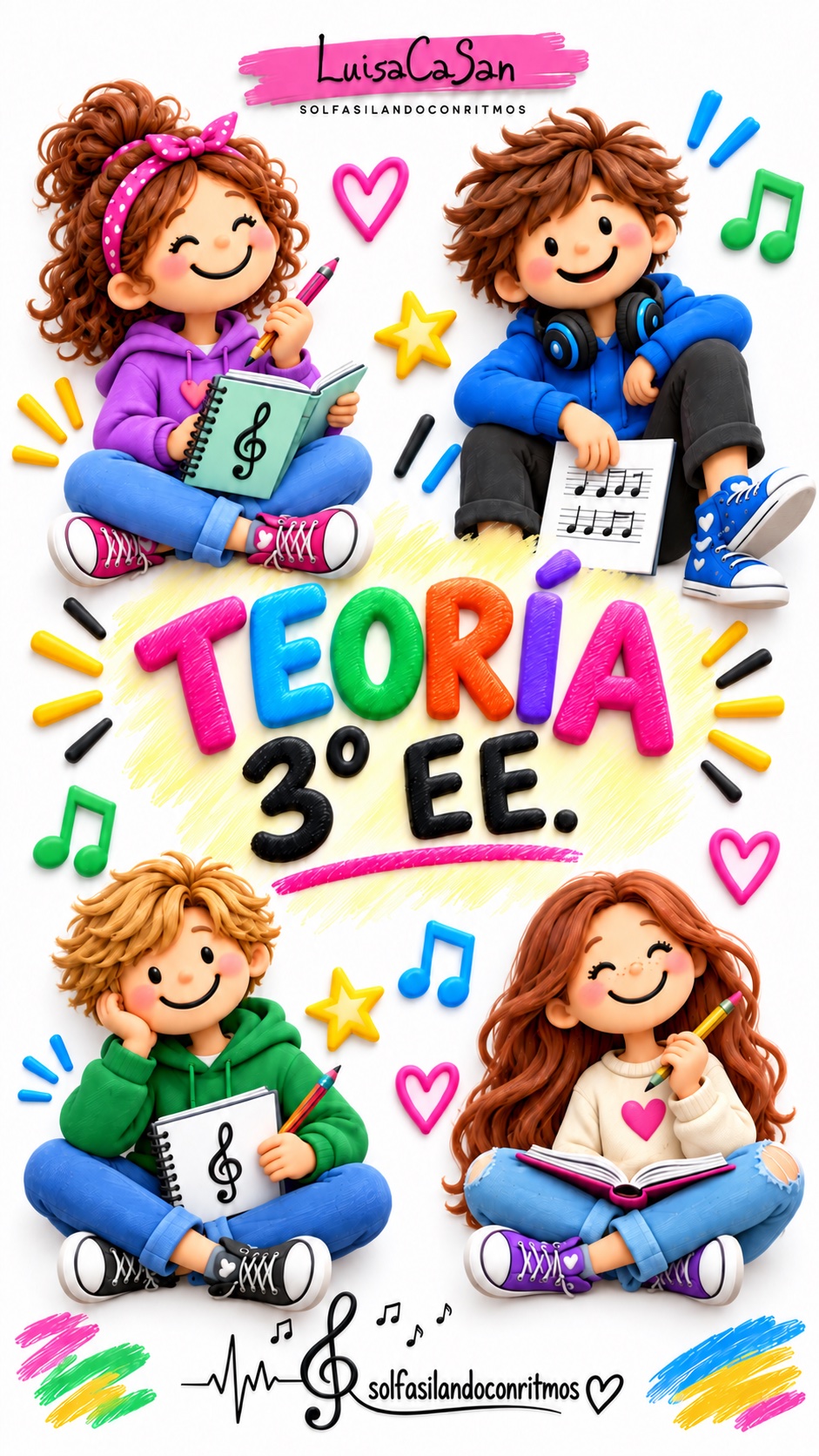 Portada ilustrada de Teoría 3º EE, con estudiantes de música