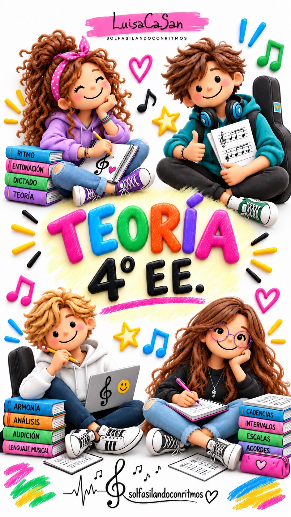 Portada ilustrada de Teoría 4º EE, con libros y partituras